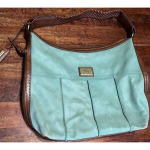 Tignanello Shoulder Bag Teal Pebble Leather Satin Stripe Lining Braided Strap